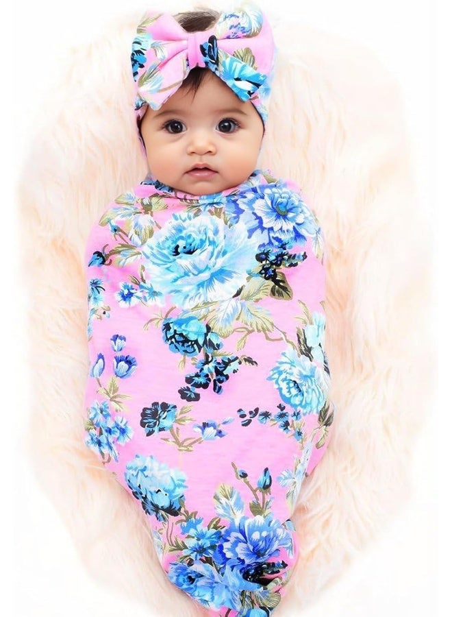 Galabloomer Newborn Receiving Blanket Headband Set Flower Print Baby Swaddle Receiving Blankets Pink Rose - Image 2